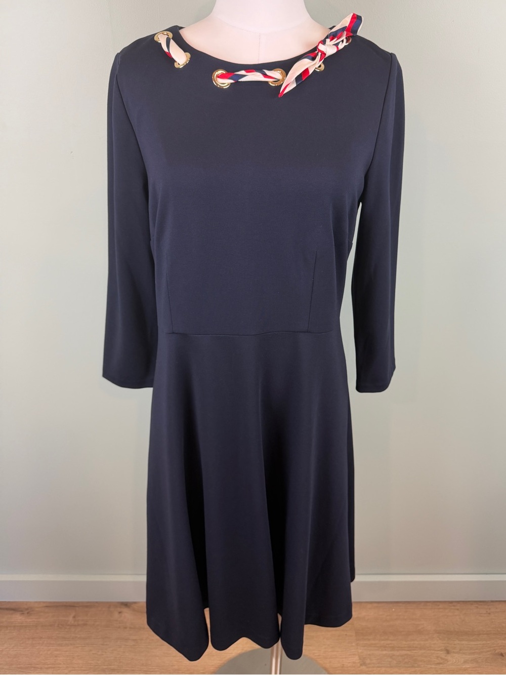 Talbots Navy Blue Ponte Fit and Flare
Scarf Neck Trim Dress Nautical size 10